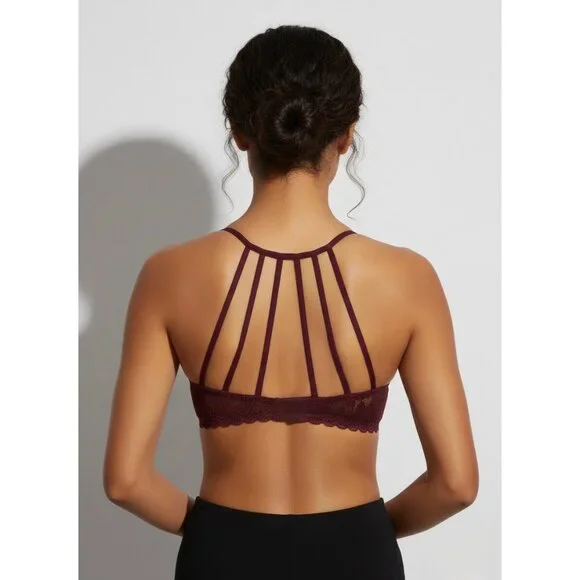 Black Cherry Lace Strappy Cage Back Bralette | Mob Wife Coquette Balletcore Goth - Picture 4 of 14